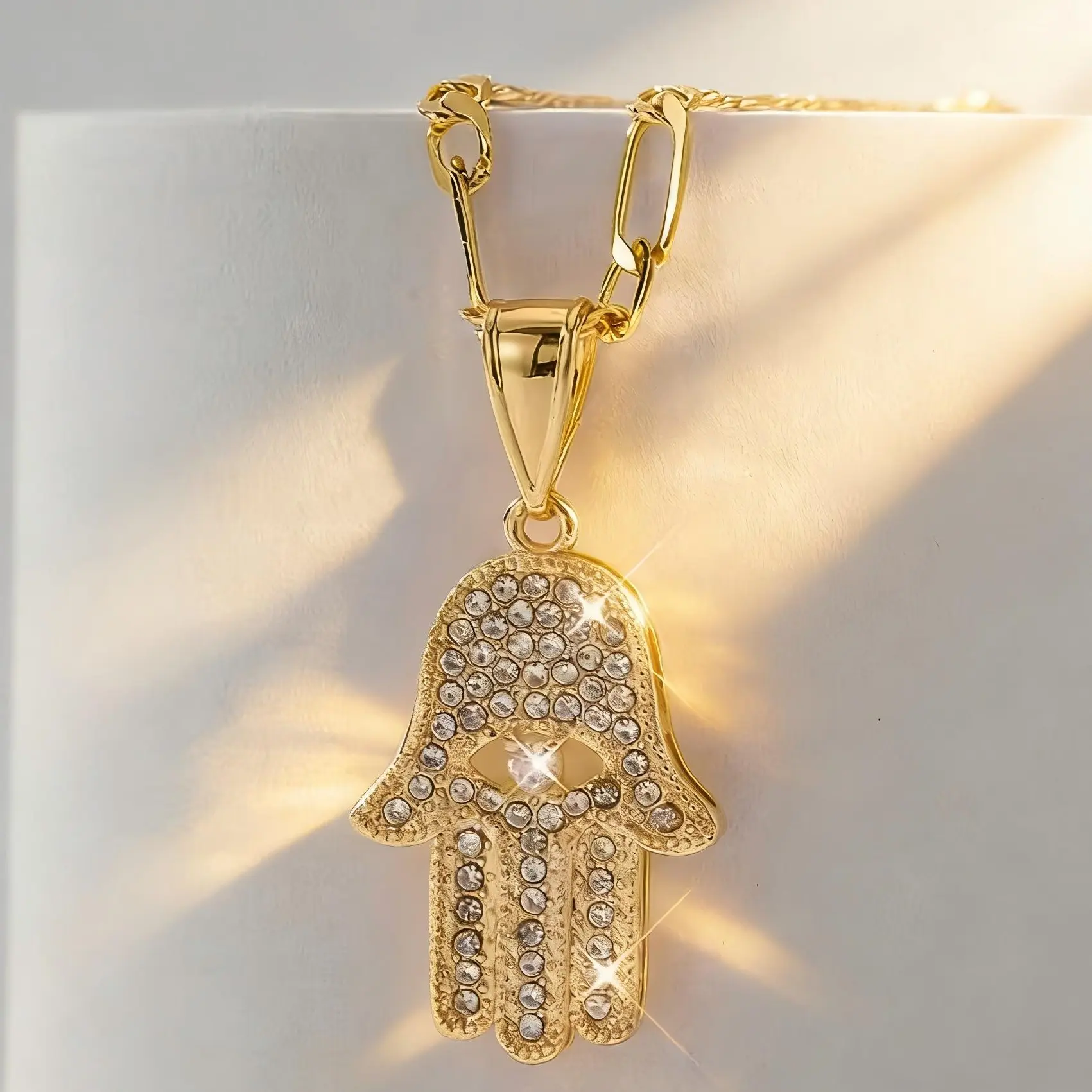 14K Gold Plated Hamsa Hand Necklace for Men Women, Iced Out CZ Fatima Hand Pendant with Figaro Chain, Evil Eye Protection Amulet Hip Hop Jewelry, Lucky Charm Gift for Him Her