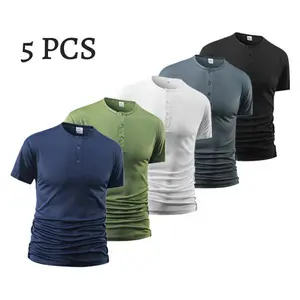 Men's 5 PCS Multi-Color Henley Neck T-Shirts Set: Button Placket Design + Slim-Fit Ruched Hem Short-Sleeve Casual Daily Tops