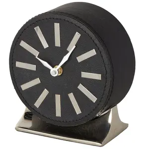 Faux Leather Round Decorative Clock with Silver Rectangular Base