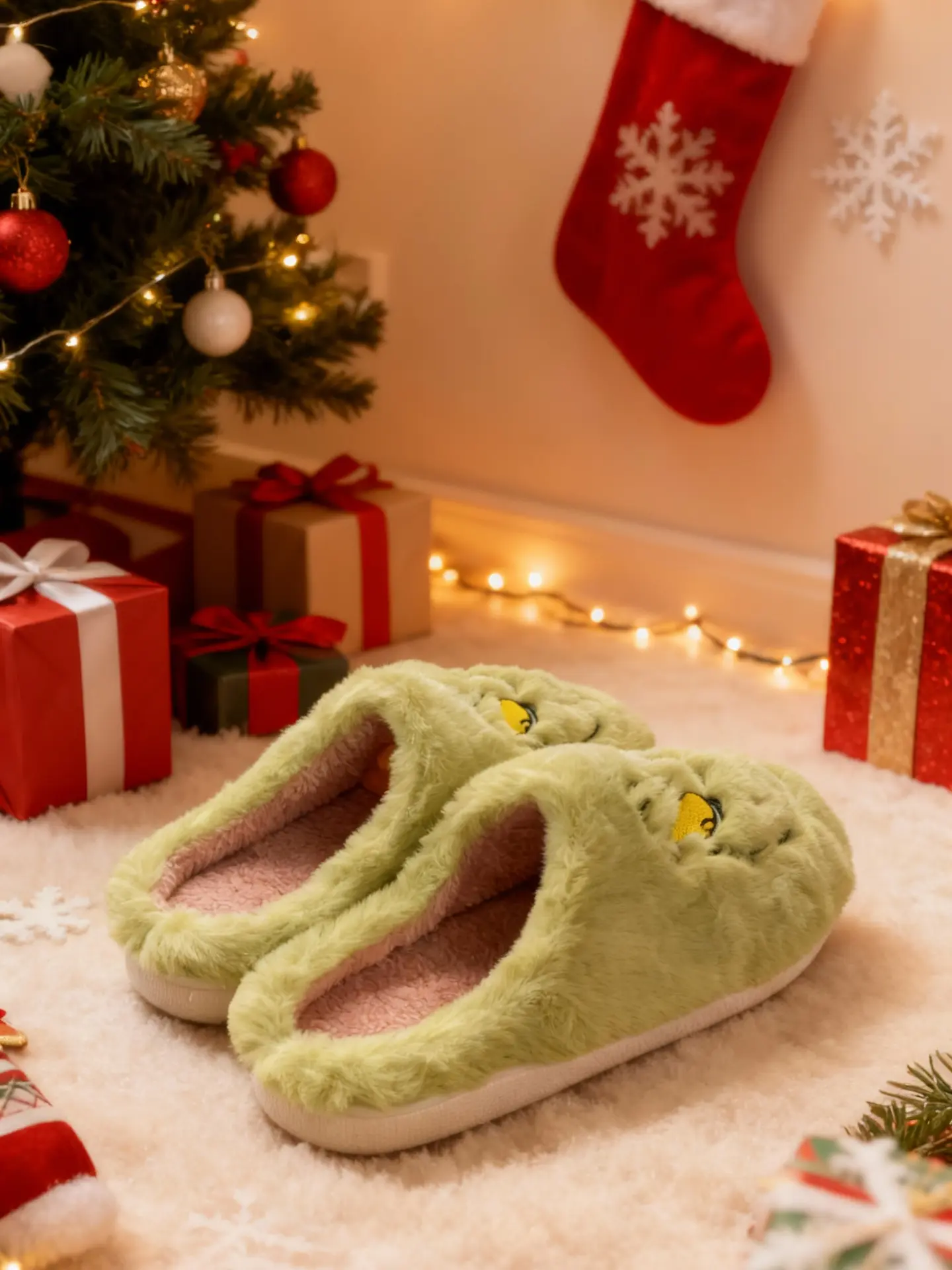 Women's Christmas Green Haired Monster Plush Slippers - Winter Warm, Funny Non-Slip Fuzzy House Shoes, Cotton New Year Gift, Footwear, Slide, Bright Green Furry Women's Fashion Slippers, Indoor-Ready, Easy To Wear, Foam, Soft, Warm House Slippers