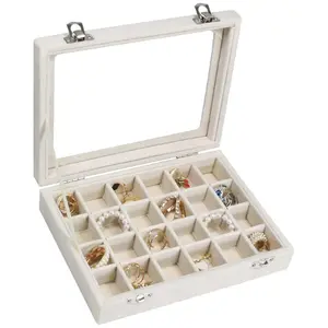 Velvet Jewelry Box 24 Grid Jewelry Ring Display Organiser Box Tray Holder Earrings Storage Case for Girls Wife Mom Women (Beige) charm  box  jewelry