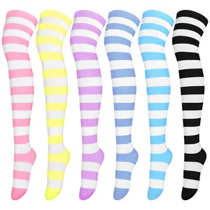 6 Pairs Thigh High Socks Over Knee High Stockings Extra Long Leg Warmers for Women Daily Wear,Cosplay,Mixed Candy Color Stripes,One Size,Christmas Party Gifts,Hand Tools Kits