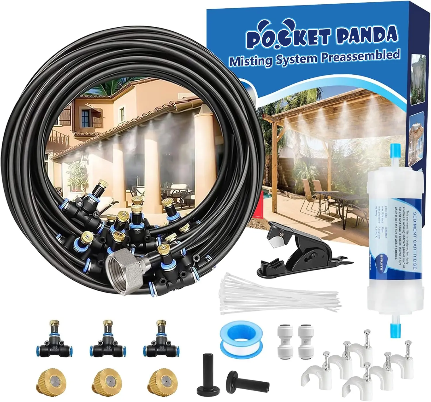 POCKET PANDA Pre-Assembled Misters for Outside Patio,Outdoor Misting Cooling System w Filter.Backyard Mist Kit for Garden,Greenhouse,Deck,Umbrella,Can watering hose