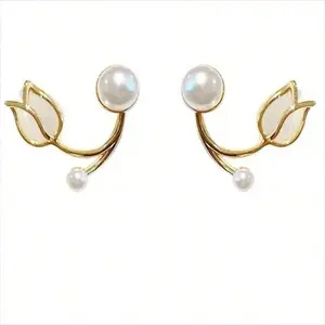 1-Pair Exquisite Tulip Flower Faux Pearl Stud Earrings - Delicate Floral Artistry with Lustrous Pearl Accents, Elegant Jewelry for Women & Young Ladies, Perfect Sweet Gift for Daily Wear & Special Celebrations