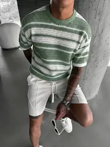Men's Striped Pattern Sweater Pullover, Casual Breathable Comfortable Knit Top for Summer, Fashion Men's Knit Clothing for Daily Wear