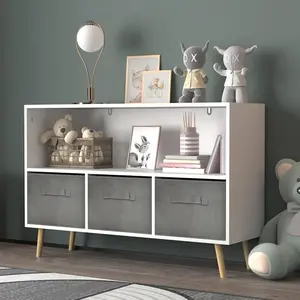 Modern Bookcase with 3 Fabric Drawers & Pine Legs – Multi-Shelf Storage Organizer for Bedroom, Living Room, or Home Office – Book & Display Rack in White+Gray