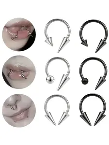 Unisex Stainless Steel Hoop Lip Rings, Ear Bone Earrings, Body Piercing Jewelry Set, 6 Piece Kit, Unisex Fashion Accessories