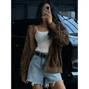 Women's Leopard Print Hooded Zipper Jacket, Casual Slim-Fit Fall & Winter Coat, Drawstring Design, Thick Kint Fabric