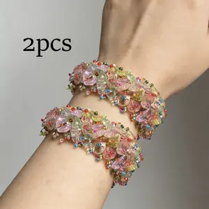 Women's 2pcs Boho Style Bangle Bracelet Set - Colorful Stone Beaded Bracelet Pack, Dopamine Vacation Costume Jewelry