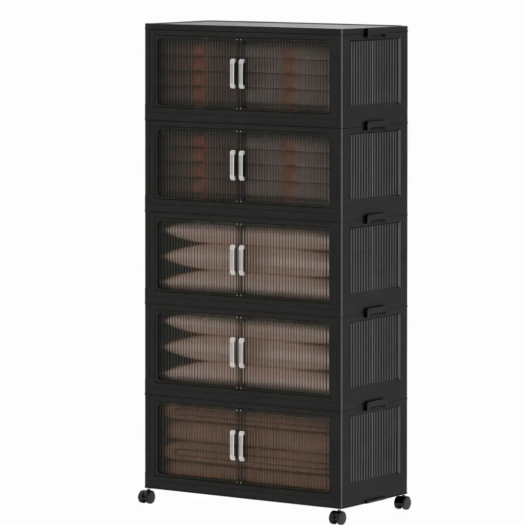 5-Tier Stackable Collapsible Plastic Storage Drawers with Dustproof Lids & Rolling Wheels, Portable Closet Organizer Bins, Space Saving Containers for Dorm, Living Room & Office Tidying