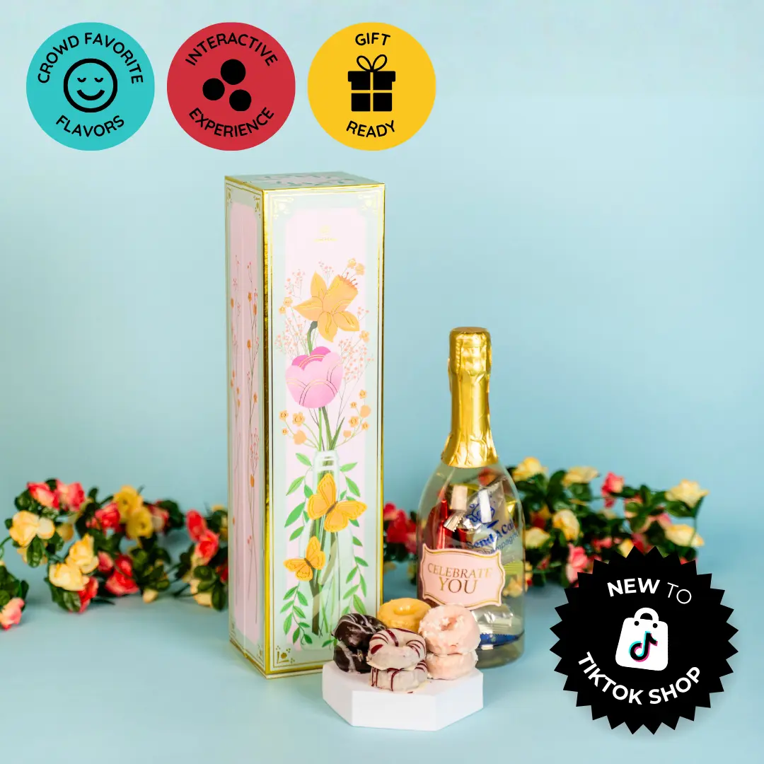 Floral Bubble Box by Send A Cake - The sweetest gift for Friends & loved ones near or far! - A delightful stream of bubbles when opened, with a faux bottle filled with delicious cake donuts!