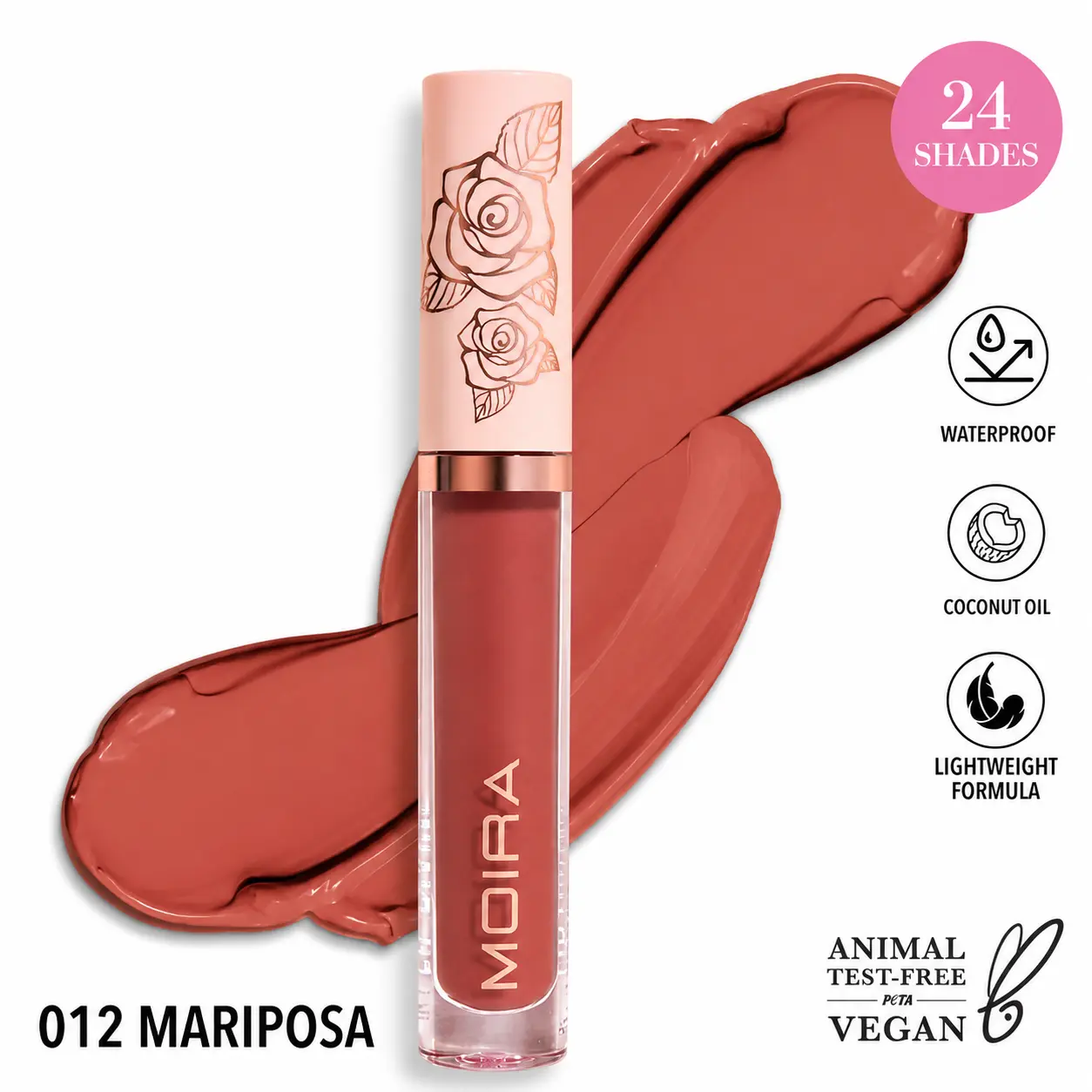 MOIRA Lip Divine Liquid Lipstick 012 Mariposa – Waterproof Long Lasting Terracotta Rose Vegan Lip Color
