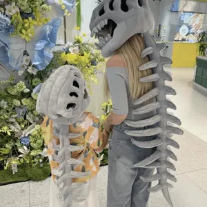 Family Halloween Dinosaur Cosplay Set - Realistic Plush Skeleton Outfit + Skull Headpiece (Adults/Kids)