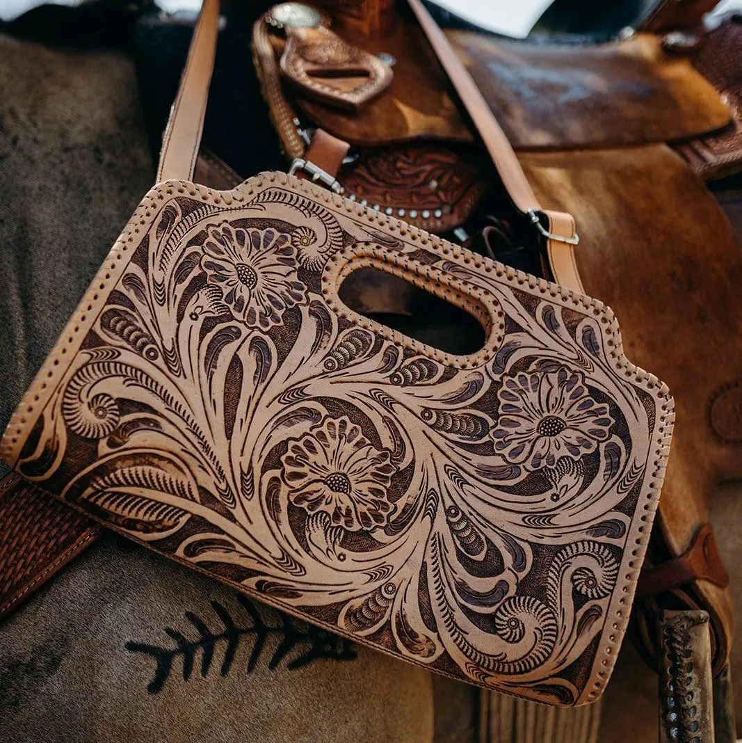 [CLEARANCE] Handmade Floral Leather Clutch 100% Genuine Full Grain leather. Handtooled. FREE GIFT: Comes with a handmade Letter Shaped Charm