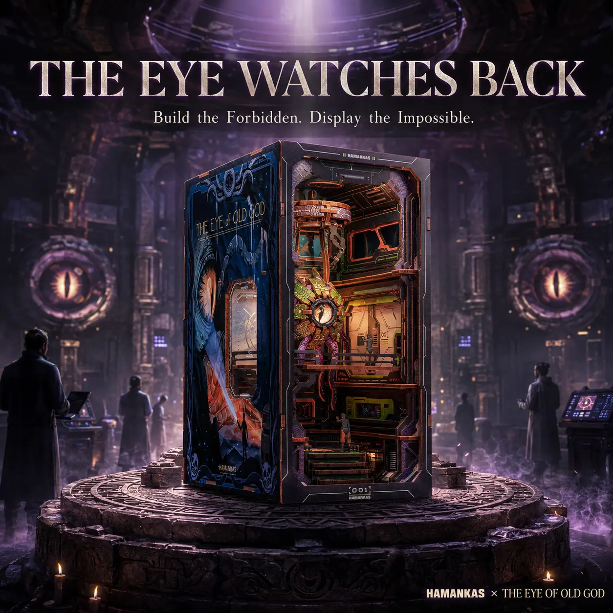 THE EYE OF GOD DIY Book Nook Kit – Mechanical Sci-Fi Wooden Puzzle, LED Lighted Bookshelf Decoration, Interactive Rotating Gear Diorama Model for Adults