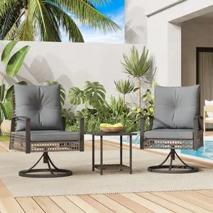 3-Piece 360° Swivel Rocker Patio Set: 2 PE Rattan Chairs + Coffee Table with Cushions, All-Weather Outdoor Furniture for Backyard, Balcony, Porch, Beige/Gray
