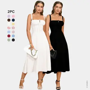 2PC Women's Plain Ruched Boning Corset Milkmaid Dress, Lace Up Dress, Party Dress, Split Thigh Dress, Tie Front Dress, Elegant Square Neck Midi Dress, Dresses for Women, Frenchy Style Non Bodycon Dress Christmas, Formal Dresses