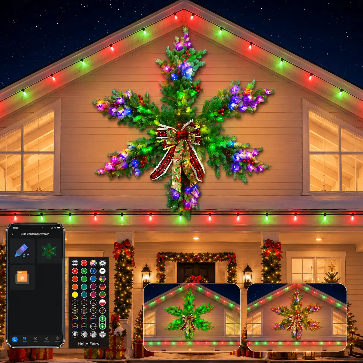48 in Modern Pre-Lit RGB Colorful Lights Corded PVC Christmas Wreath with Avatar Smart Controls, Bow, Flexible DIY Function, Dimmable Lights, Timer, Music - Giant Outdoor Christmas Decor for Home Front Door, Curb Appeal Enhancement