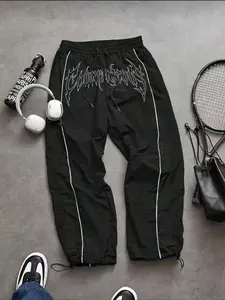 Men's Fashion Casual Sport Pants, Unique Print, Taslon Fabric, Striped Design, Adjustable Elastic Cuff, American High Street Style, Sports Casual Pants