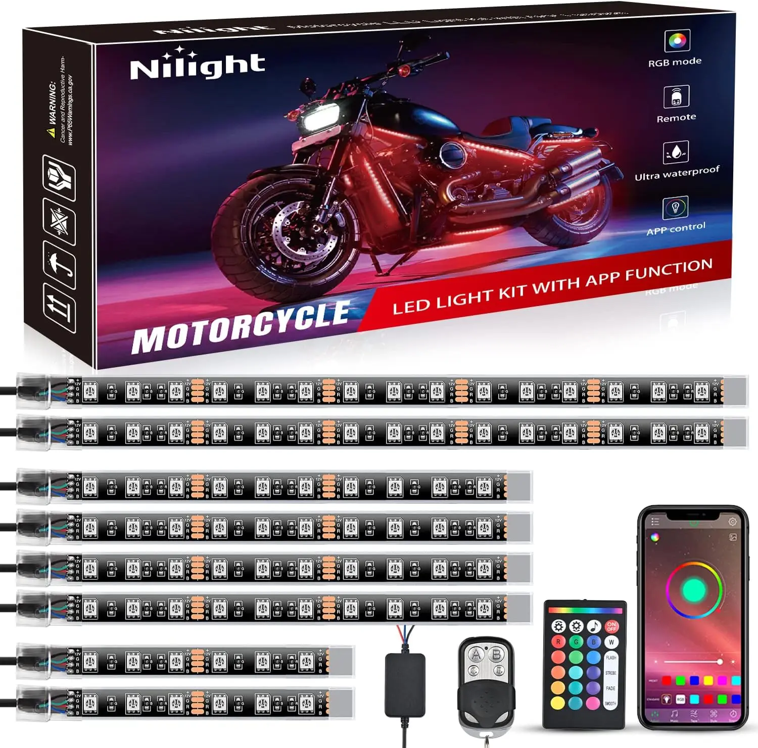 Nilight 8PCS Motorcycle RGB LED Kit - Waterproof Multi-Color Atmosphere Neon Accent Strips with APP & Remote Control, LED Car Ambient Light, Underbody Side Fixtures for Motorbikes, Automotive Accessories, Led Lights Car