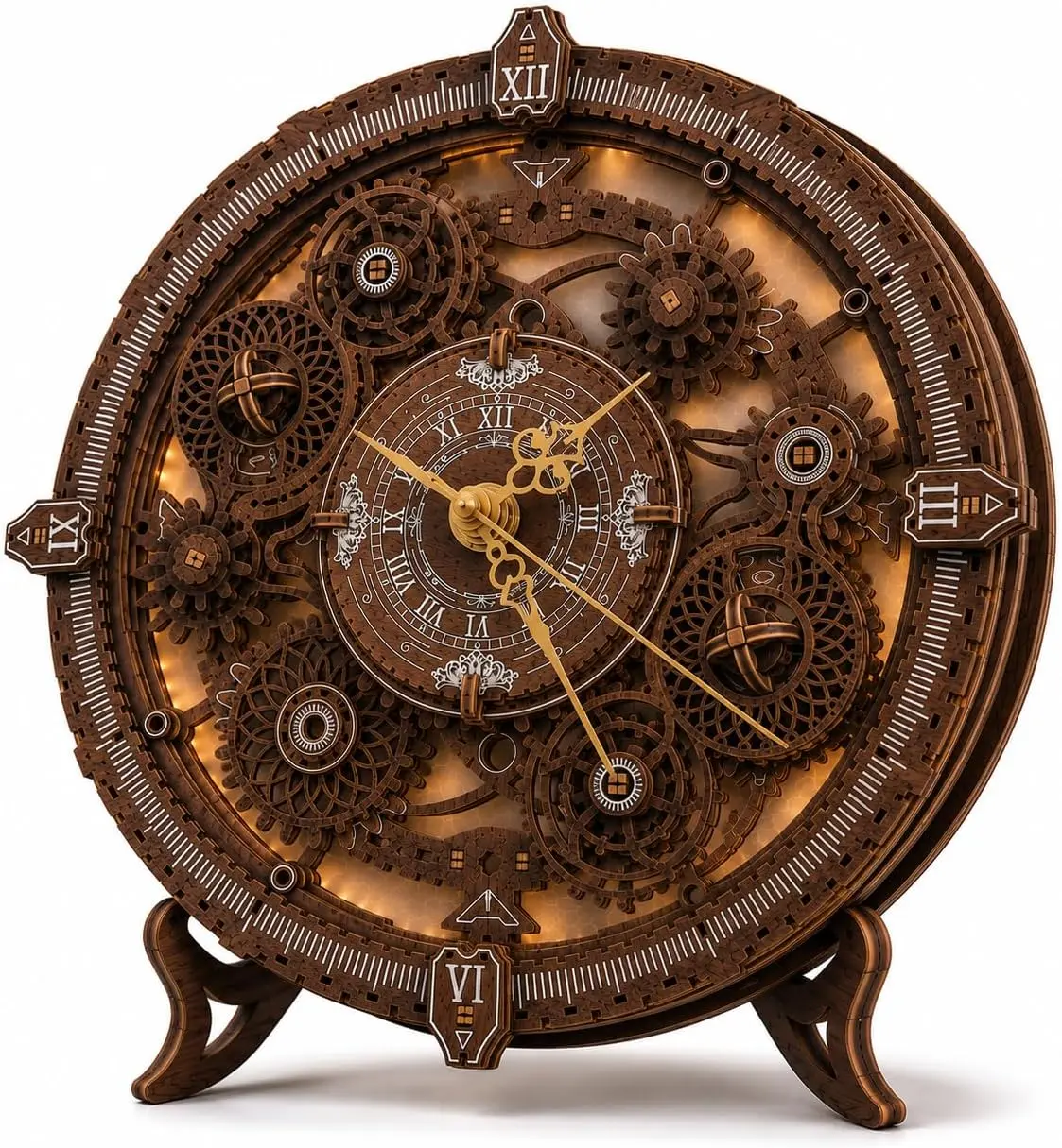 3D Wooden Puzzles for Adults, Mechanical Clock Kit with LED Light, DIY Wooden Clock Puzzle to Build, Steampunk Gear Model Kit, Vintage Desk Decor & Unique Gifts for Men Women (Vintage Clock)