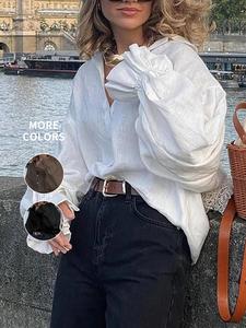 women's plain flounce sleeve button front shirt, casual long sleeve collared top for fall & winter, women's clothing for daily wear, womenswear, long sleeve shirts, casual tops