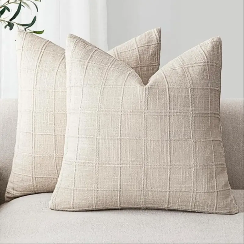 2 Pcs Decorative Linen Plaid Checkered Pillow Covers, Neutral Farmhouse Vintage Cushion Cases, Modern Bohemian Interior Home Decoration, 18x18 inch (no Insert)
