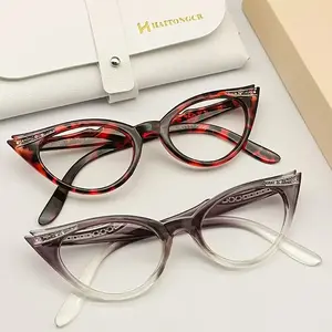 HAITONGCR Women's Single-Item Large Cat Eye Reading Glasses Frame - 150mm Wide-Fit, 52mm Lens, Vintage Thick Rim, Gradient/Tortoise Colors, Rhinestone-Temple Detail, for Office & Daily Wear
