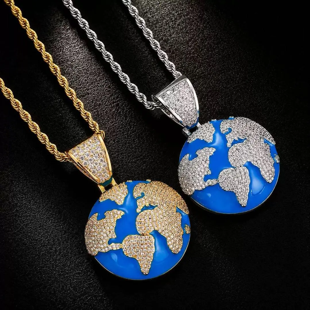 5212 Unisex Iced Out World Globe Pendant Necklace - Micro Pave CZ, Blue Enamel World Map Earth Charm, Metal Coating Hip Hop Street Wear Costume Jewelry