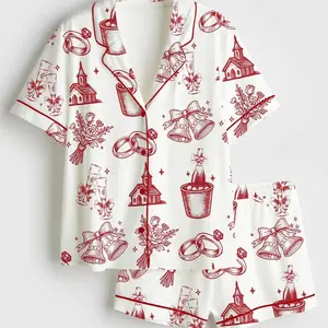 Custom Face Wedding Pajama Set: Short Sleeve Satin Bridal Party Sleepwear