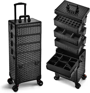5 in 1 Rolling Makeup Train Case on Wheels Professional Cosmetic Case Extra Large Aluminum Trolley Salon Barber Case Traveling Cart Trunk