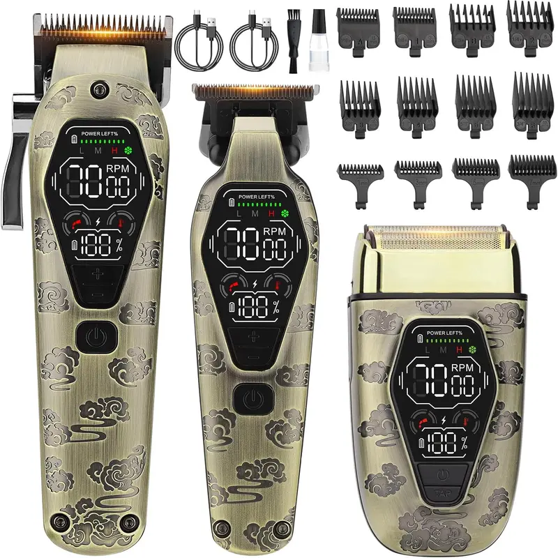AMULISS Professional Men's 3-in-1 Wireless Barber Clippers Kit (Bronze) - T-Blade Trimmer, Electric Shaver, Beard Groomer, LCD Display, Barber Equipment, Included Batteries, LCD Display, Manufacturer Warranty