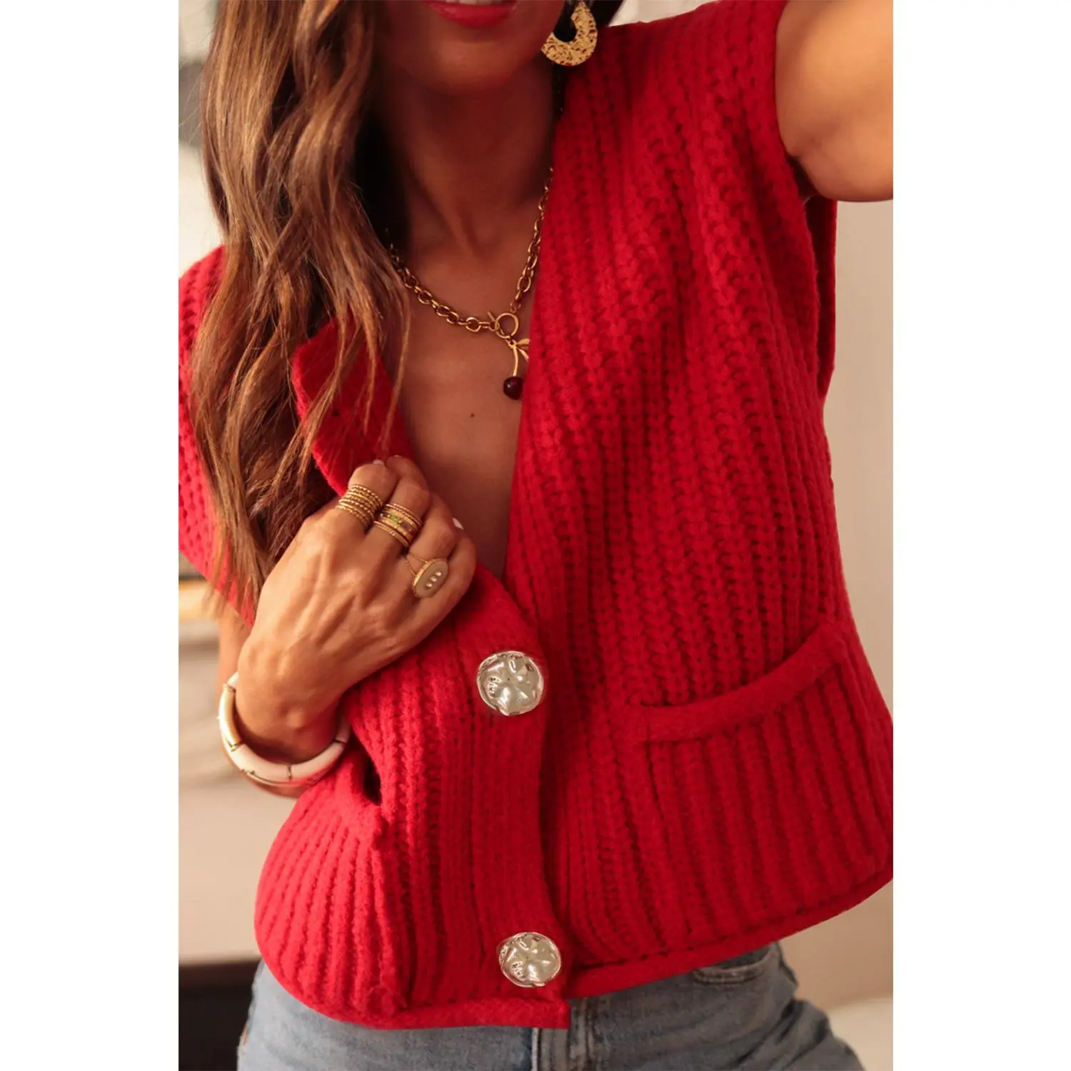 Textured Knit Side Pockets Buttoned Sweater Vest