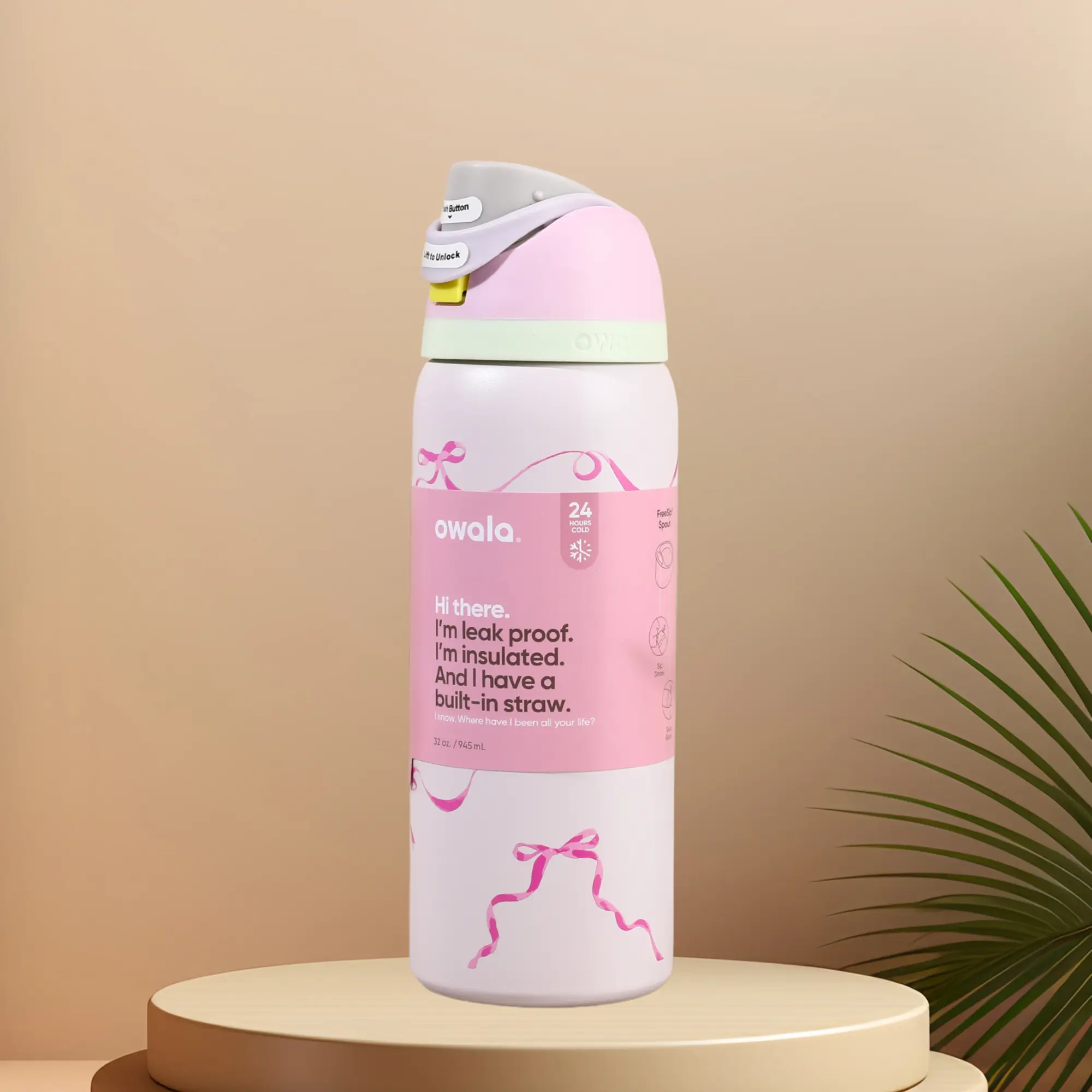 Owala 32oz Stainless Steel Insulated Vacuum Drinkware Flask, 2-in-1 Rotatable Flip Straw Lid, Leakproof, BPA-Free, Pink Bow Print Straw Bottle Vacuum Flask, Ideal for Students