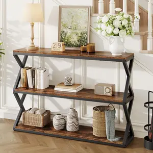 Vividwood 47.2 Inch Rustic Console Table, Industrial Entryway Table with 3-Tier Shelves - Long Hallway Sofa Table, TV Stand & Media Center for Living Room, Vintage Brown