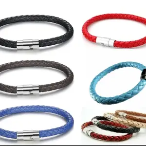 Men's Women's Braided Leather Bracelet Stainless Steel Magnetic Clasp Handmade