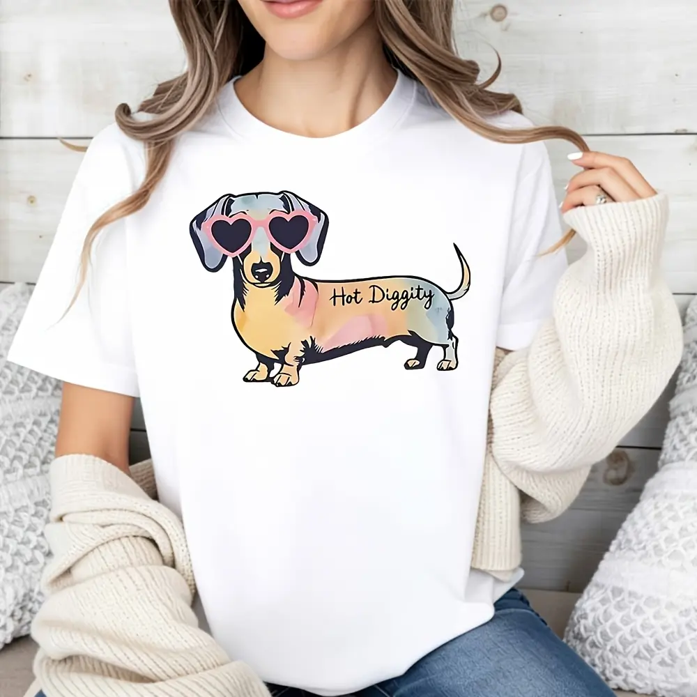 Cute Dachshund Design Women's T-Shirt Hot Diggity Dog Graphic Summer Casual Wear Gift For Dog Lovers