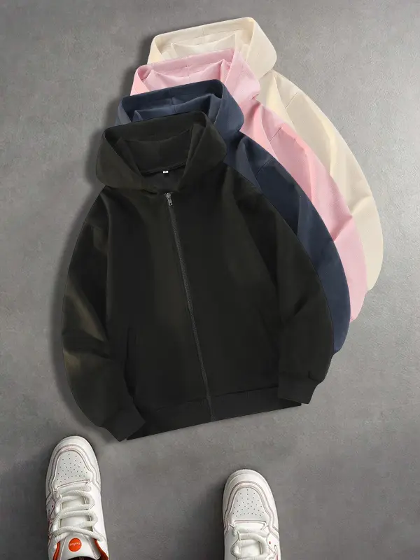 Men’s Hooded Zip-Up Sweatshirt Multi-Pack for Autumn/Winter – Loose Fit, Casual & Versatile, Trendy Solid Color Jacket
