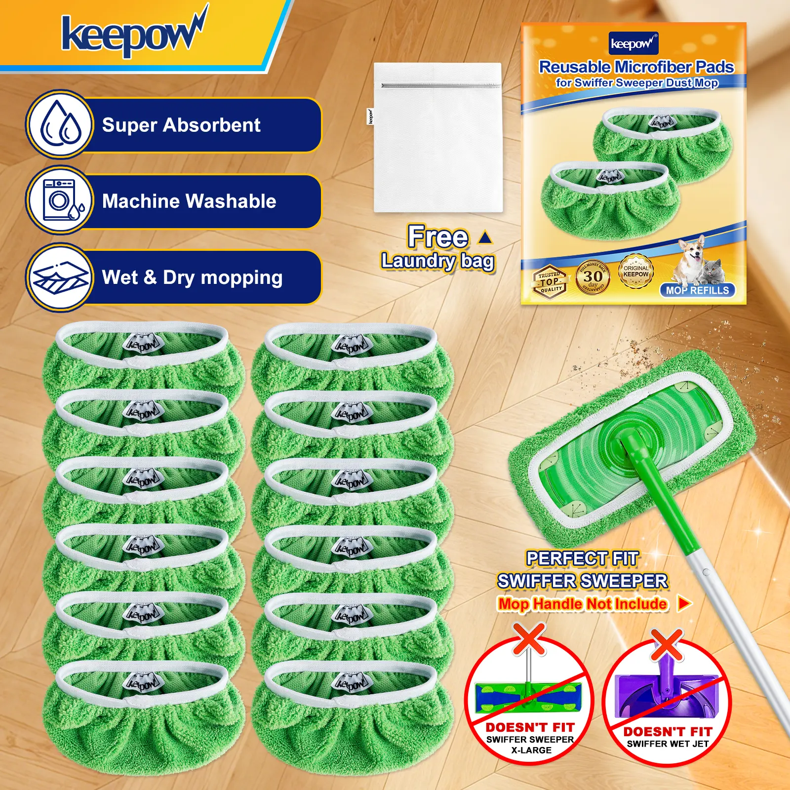 KEEPOW Reusable Microfiber Pads Cloths Compatible with Swiffer Sweeper Mop and All 10 Inches Flat Mop (Mop Handle is not Include),dorm essentials,home essentials