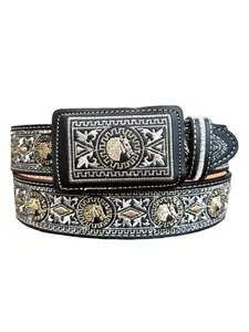 Cinto Negro Vaquero Bordado Plata con Caballo Western Embroidered Horse Leather Belt