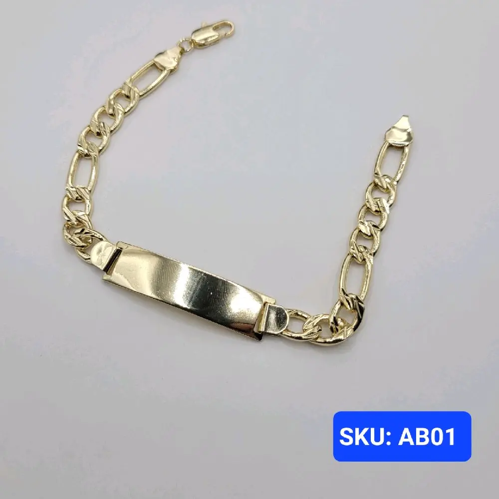 Bracelet Figaro Style Laminated Gold Adult  Size 8 Inches 10 millimeters plate, chain 7 millimeters. No Engraving Chain Jewelry for Adults Size Classic Design Elegant Fashionable Accessory SKU AB01