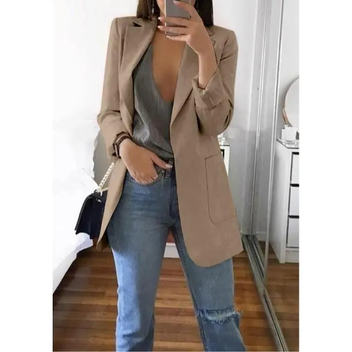 Women's Polyester-Spandex Long Sleeve Slim Lapel Temperament Suit, Stylish Fabric Cardigan Blazer