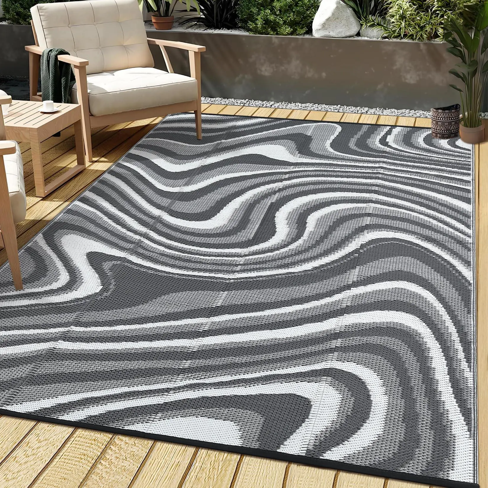 Garvee Waterproof Outdoor Rug for Camping 6x9 Abstract Outdoor Patio Rug Plastic Straw RV Rugs for Outside, Reversible UV Resistant Minimalist Mats for Picnic Backyard Deck Balcony, Black Grey