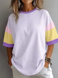 Plus Size Women's Colorblock Round Neck T-Shirt Fabric, Casual Streetwear Fitted Patchwork Top, Comfortable Soft Breathable Daily Wear, Stylish Ladies' Clothing, Everyday