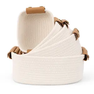 5 Pieces Storage Baskets Small Woven Basket with Detachable Leather Handle, Cotton Rope Shelf Baskets for Closet Organizers, Different Sizes Basket Decor