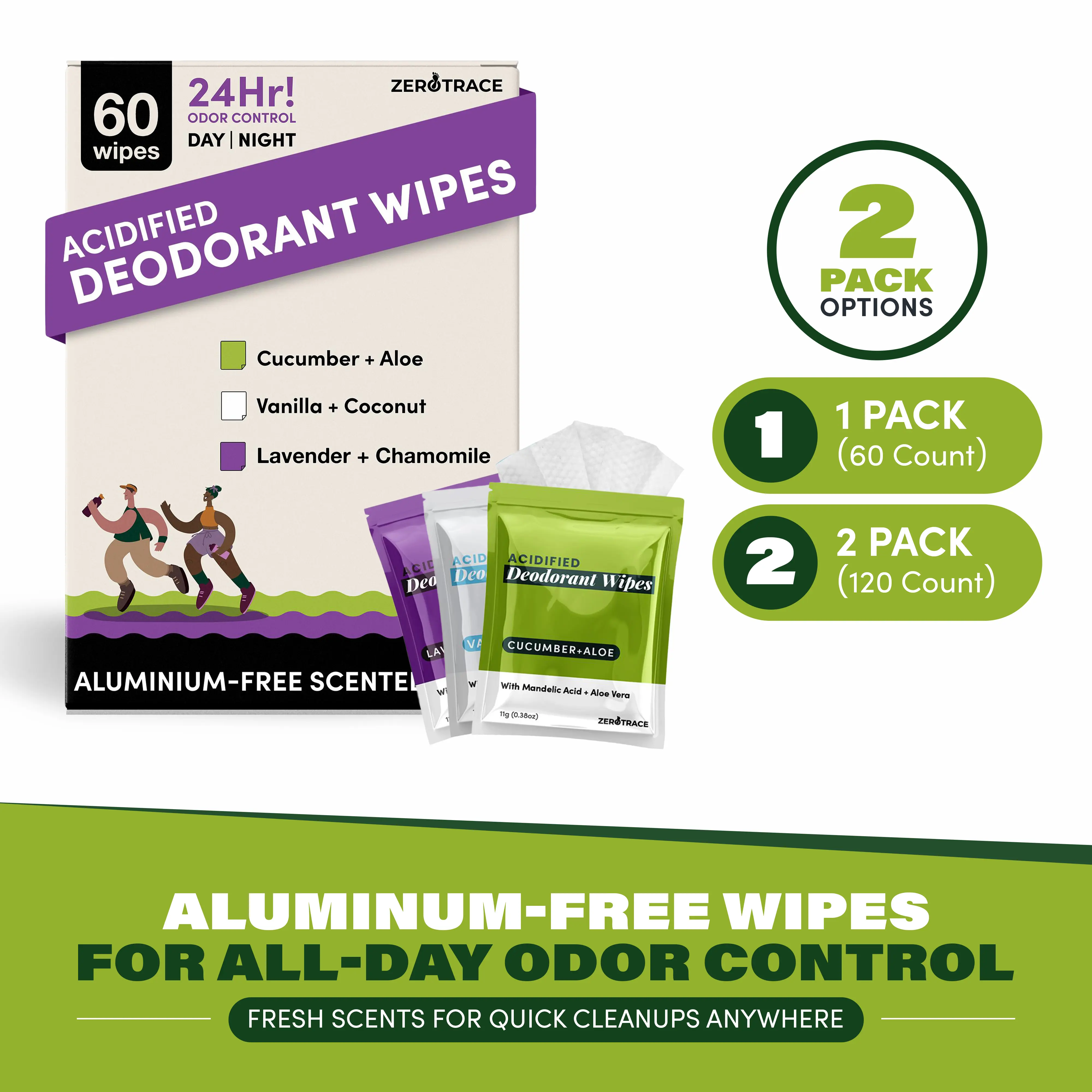 Zero Trace x Bliss Trio Deodorant Wipes, 60 Count, 24-Hour Odor Control Underarm & Body Wipes, Aluminum-Free, Hypoallergenic, Individually Wrapped, Body Care, Scented