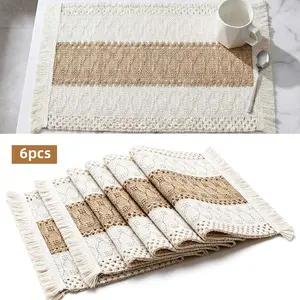6pcs Bohemian Rustic Placemats, Hand-Crocheted Coffee Table Mates with Tassels in Farmhouse Burlap Style for Home Dishware Heat Insulation. Perfect as Boho Charm Decorations at the Dinning Room ﻿ camping gear
