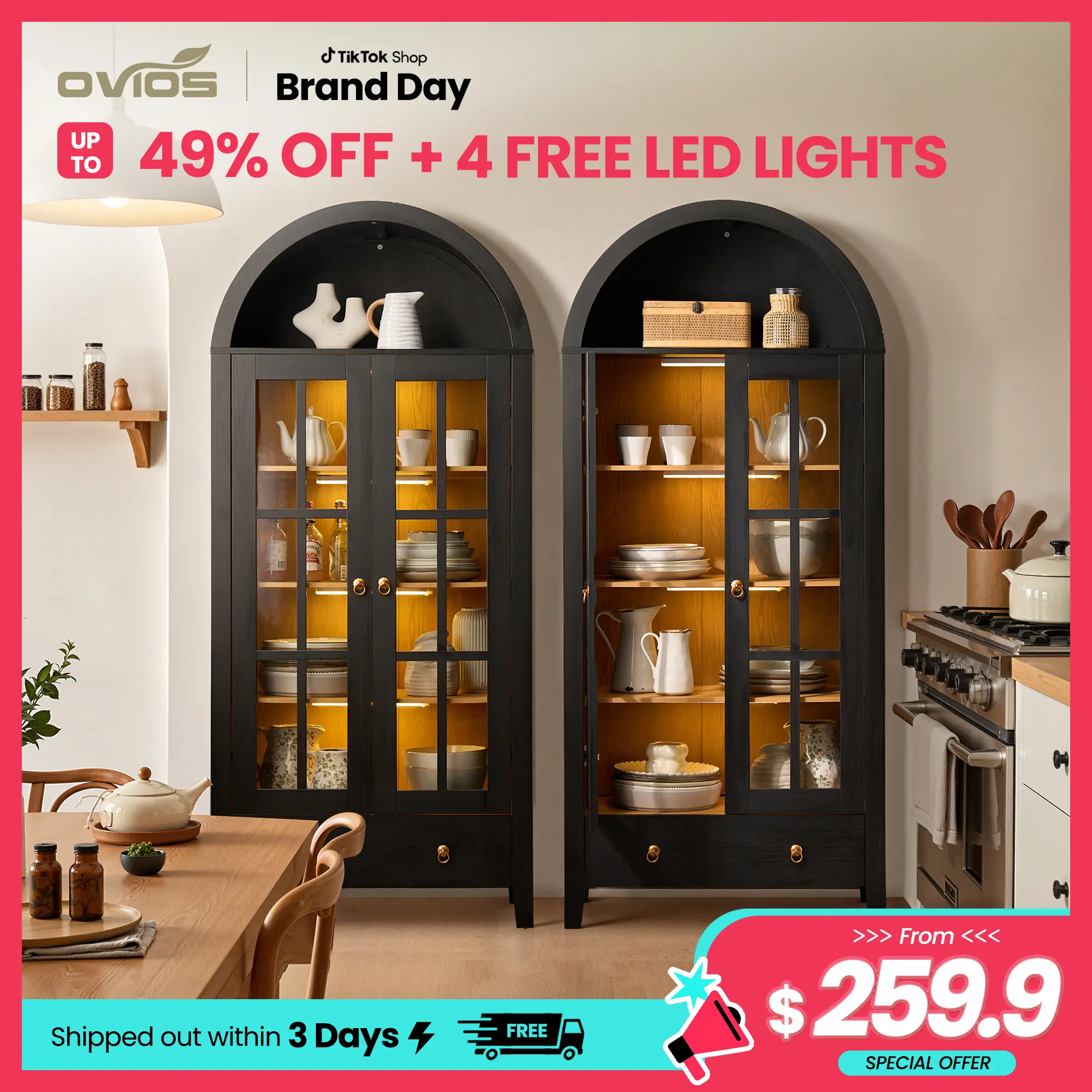 【Summerfinds】OVIOS 71" Tall Arched Kitchen Pantry with Magnetic LED Lights, Modern Farmhouse Wood Kitchens Storage Cabinets with Large Drawers and Glass Door, Versatile Cupboard for Kitchen, Dining Room, Bathroom, Livingroom