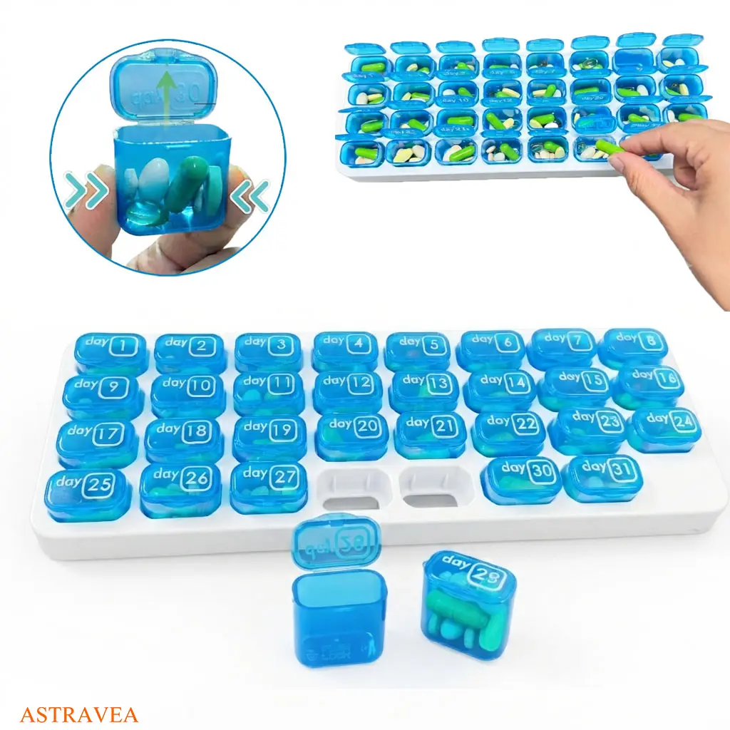 ASTRAVEA Monthly Pill Organizer - 31 Day Pill Organizer with  Removable Medication Pods, Portable Pill Case Box and Holder for Daily Medicine and Vitamins, Great for Travel