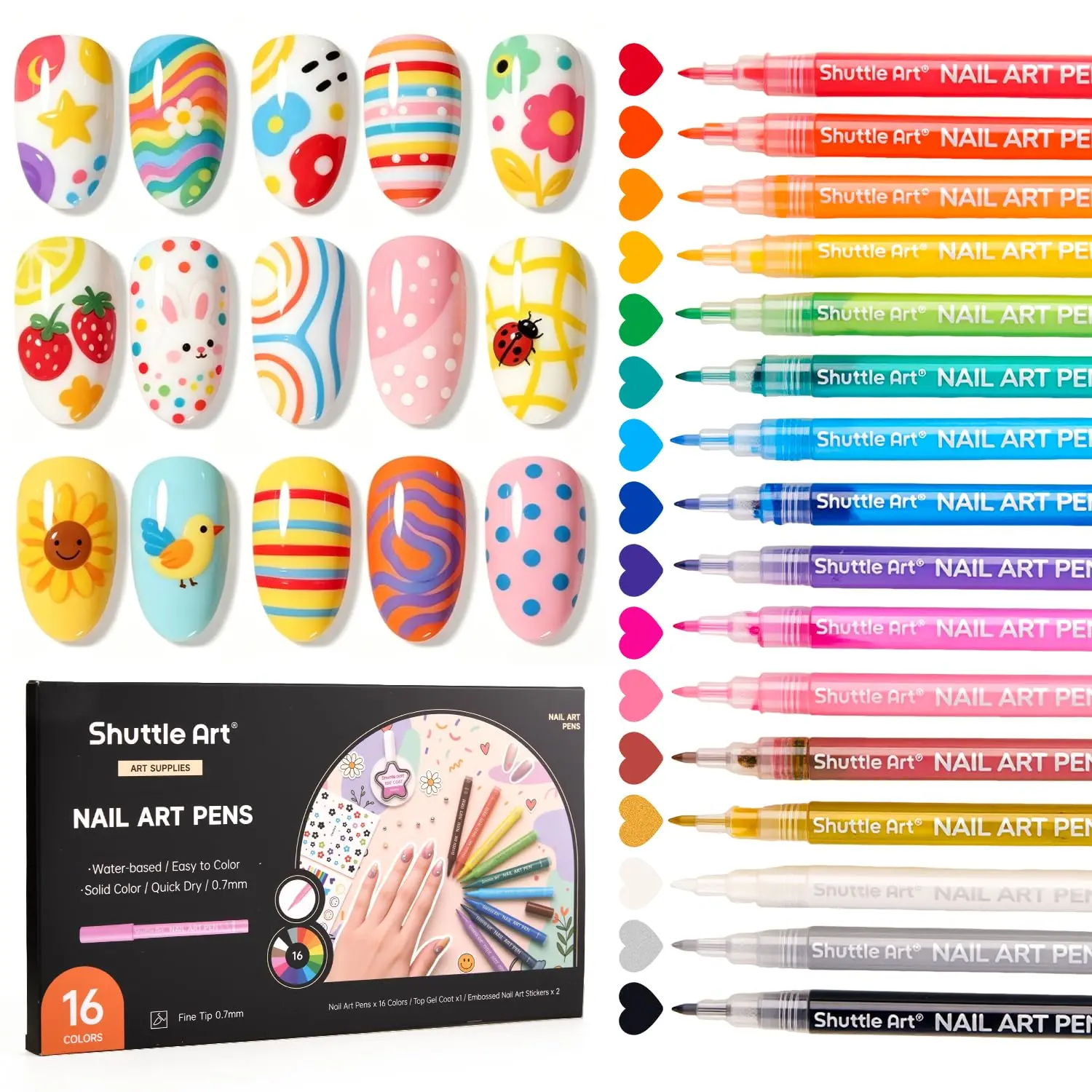 16 Colors Nail Art Pens Set, Shuttle Art 3D Nail Polish Pens, 0.7mm Fine Line Quick-Drying Nail Art Markers, Painting Liner Dotting with Top Coat Gel & Embossed Stickers for DIY Nail Design Home Salon